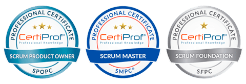 Insignia de certificación Scrum Master, Scrum Product Owner y Scrum Essentials